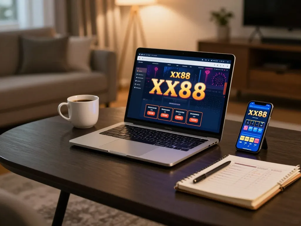 Player reviewing strategies on xx88 while enjoying online gaming in a cozy home setup.