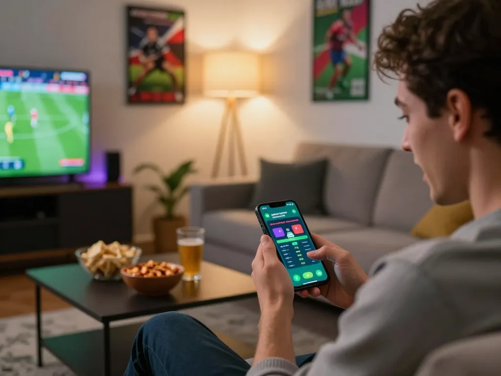 S'engager dans parions sport retrait instantané tout en pariant depuis chez soi sur un smartphone, montrant excitation et commodité.