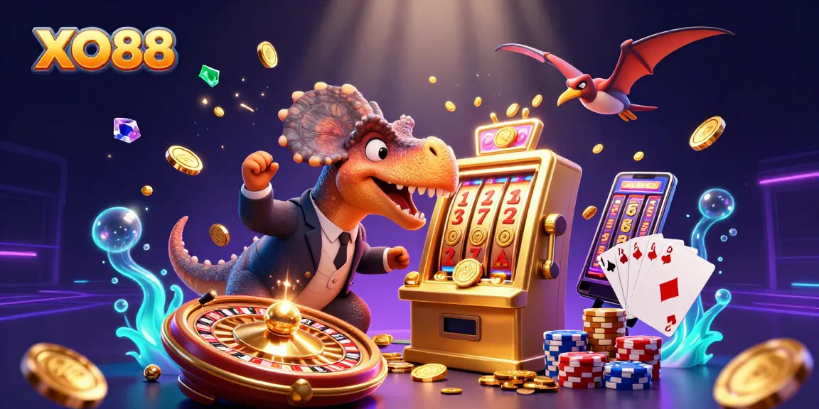 Watch the XO88 pachycephalosaurus hit a jackpot at a vibrant online casino scene.