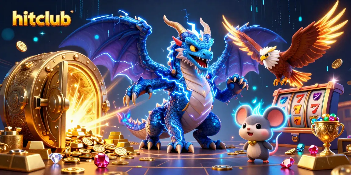 Hitclub's vibrant thunder dragon and friends celebrate gambling victories with golden treasures and sparkling gems.