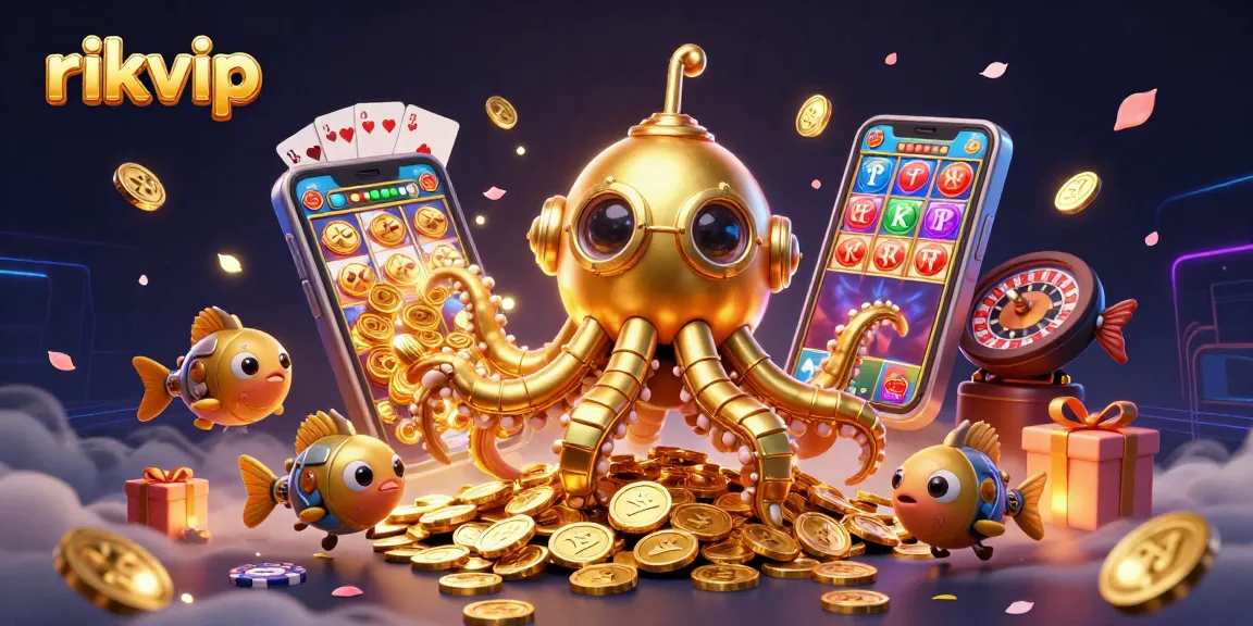 Engage with rikvip's thrilling gaming experience through a dynamic 3D casino illustration.