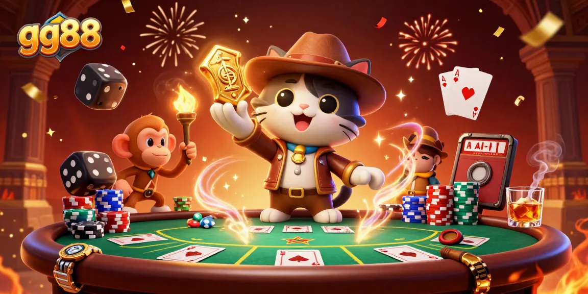 Experience thrill at gg88 with a cartoon explorer cat uncovering casino treasures.