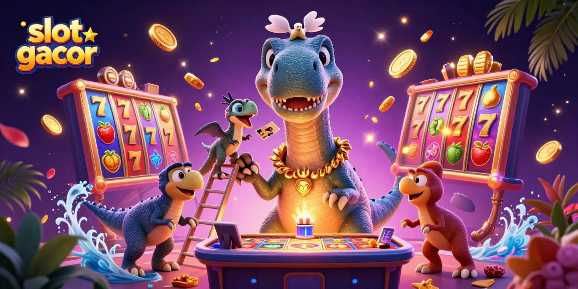 Engage in thrilling gameplay with slot gacor, where a colossal dinosaur oversees a vibrant casino scene.