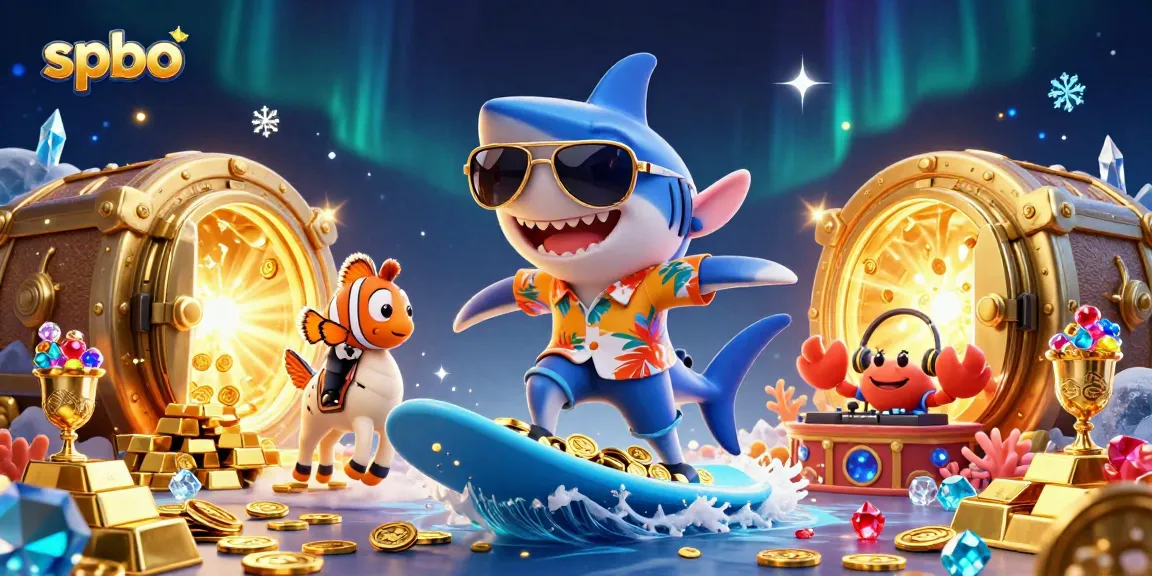 Join the excitement at SPBO with a fun casino-themed 3D illustration featuring a shark and treasures.