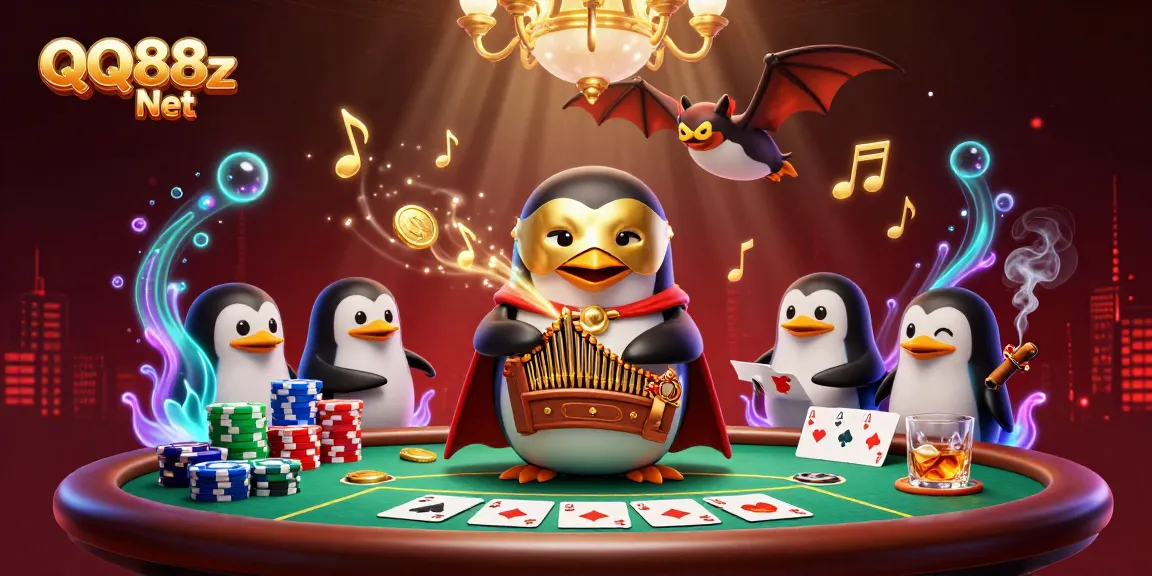 Experience the excitement of QQ88z Net through our vibrant casino illustration with a penguin organist and poker elements.