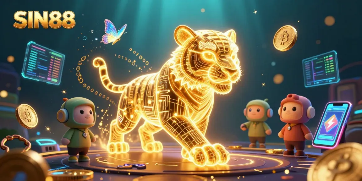 Experience gambling excitement with SIN88 in a vibrant digital casino scene featuring a golden tiger.