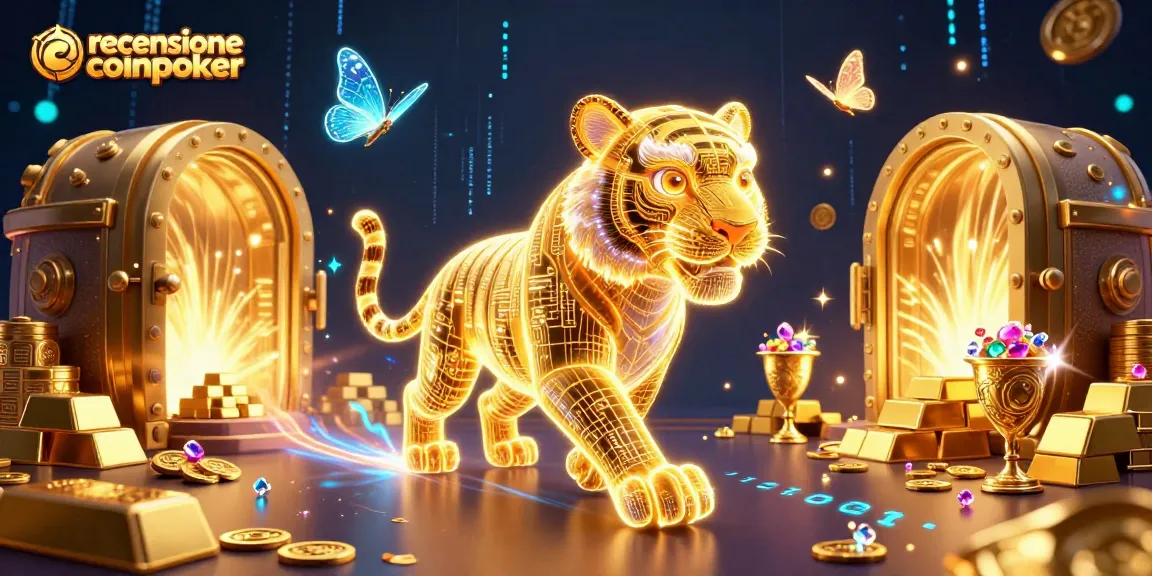 Scopri la recensione coinpoker in un'illustrazione 3D avvincente con tigre dorata e tesori.