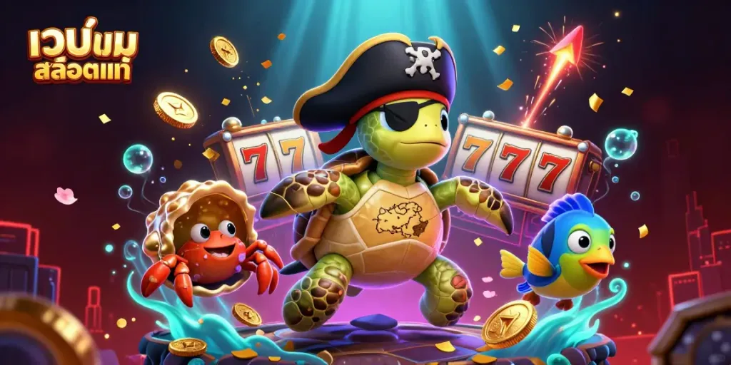 Experience thrilling gaming with เว็บเกมสล็อตแท้ in a vibrant 3D underwater casino scene.
