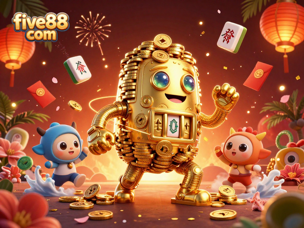 Explore thrilling games at five88 com with golden golem surrounded by festive casino elements.
