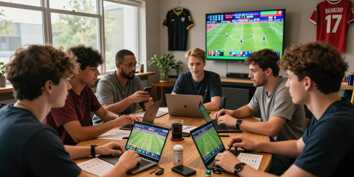 Engaging sports betting scene with players discussing strategies, embodying the thrill of Prediksi Bola Malam Ini.