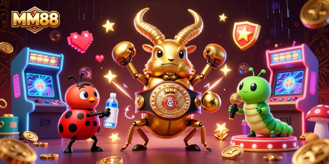 Join the excitement at MM88 with a dynamic 3D gaming illustration showcasing epic characters and casino elements.