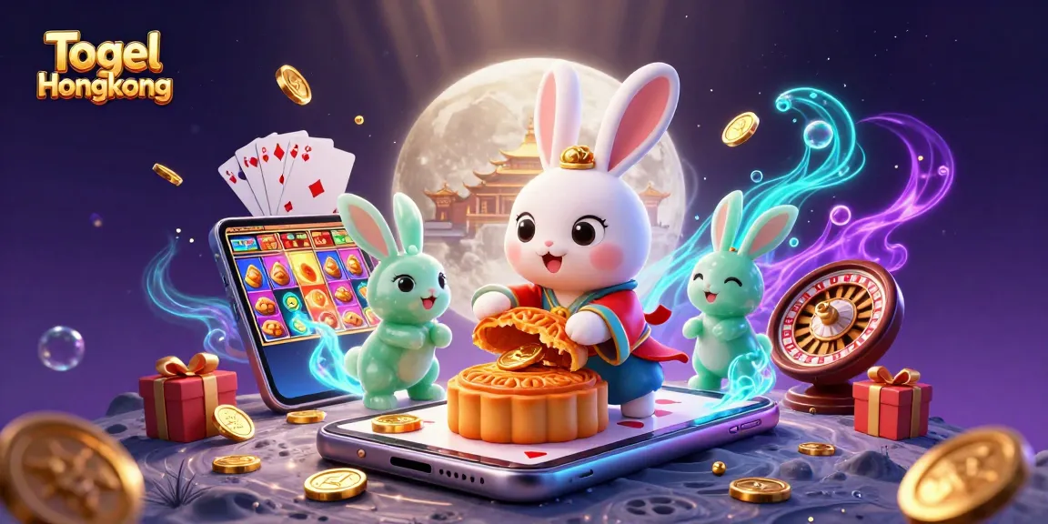 Togel Hongkong highlights a playful moon rabbit surrounded by vibrant casino elements, symbolizing luck and gaming fun.
