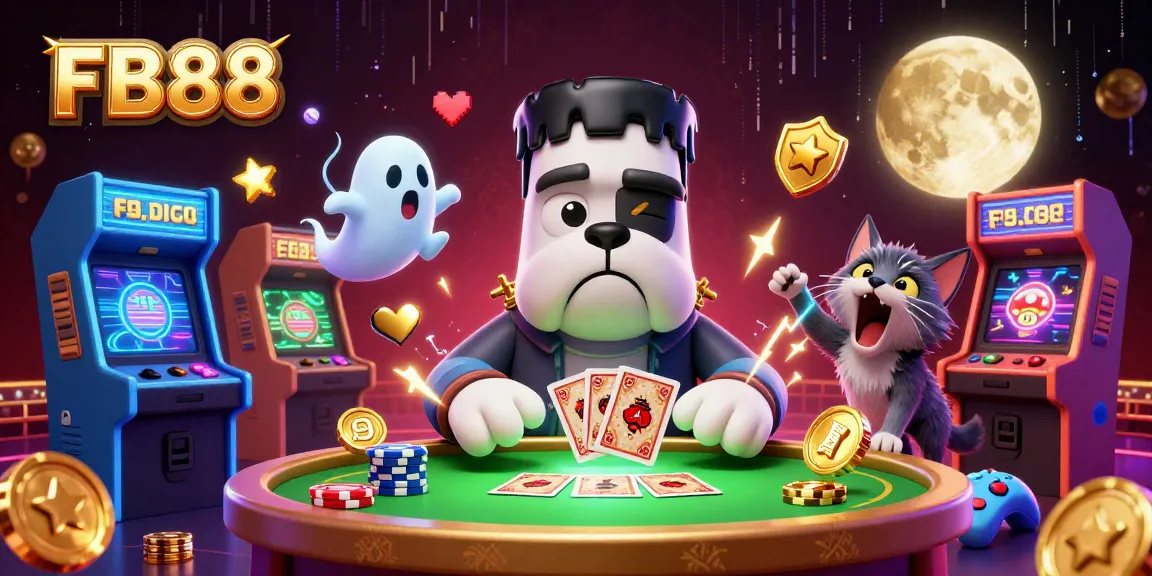 Join the excitement at FB88 with a lively scene of a Frankenstein bulldog dealing cards amidst immersive casino elements.