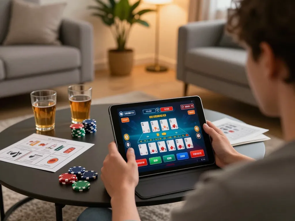 Người chơi LUCK8 tham gia trò chơi casino di động tại nhà, hiển thị máy tính bảng với giao diện trò chơi sống động giữa không gian trang trí ấm cúng và ghi chú chiến lược.