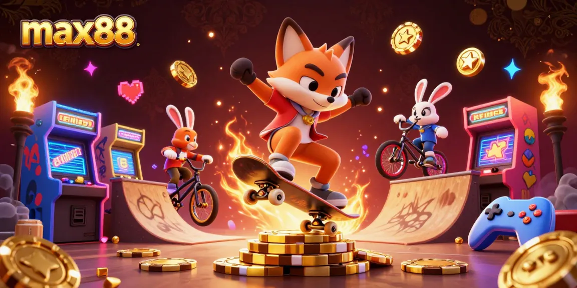 Max88 engages players with dynamic 3D cartoon characters in a casino-themed scene, showcasing vibrant gaming elements.