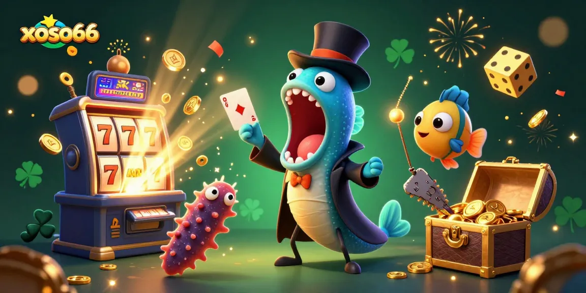 Xoso66 shows a magical deep-sea scene with a gulper eel performing tricks amidst casino game elements.