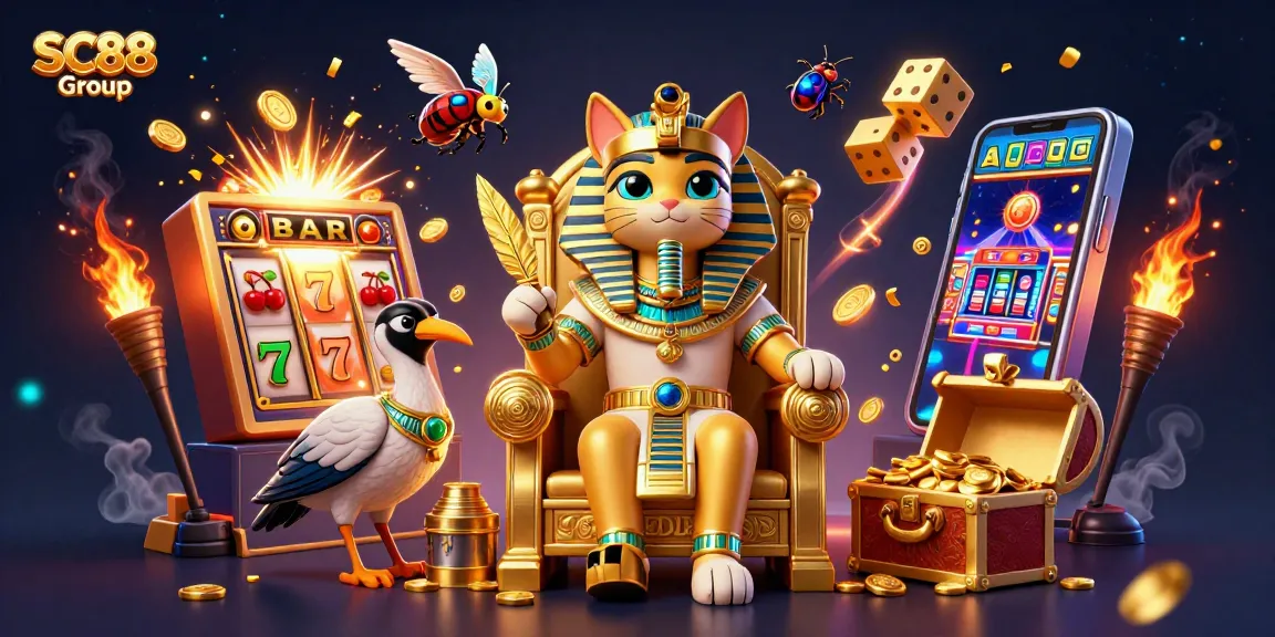 Play exciting casino games with SC88 Group's vibrant 3D illustration featuring thrilling slot machines and rich bonuses.