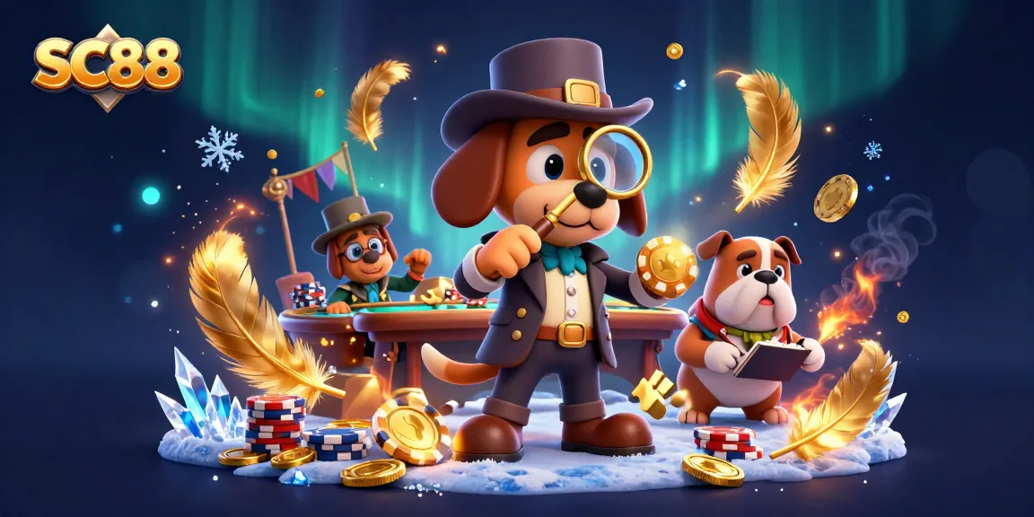SC88 showcases a detective examining a golden poker chip with casino elements, revealing clues to winning.