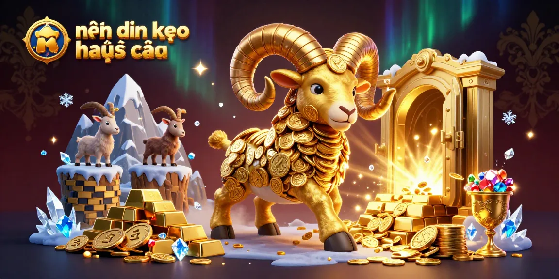 Engage in nhận định kèo nhà cái with a 3D scene of a golden ram charging through treasures while goats cheer.