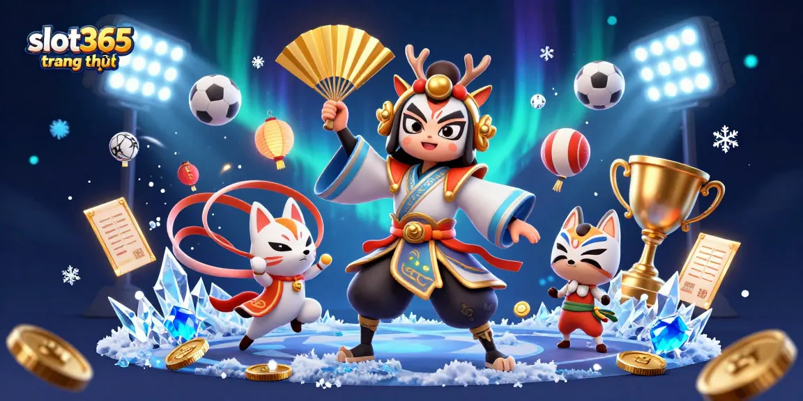 Win big on slot365 trang chủ with a vibrant 3D casino scene featuring kabuki characters and dynamic game elements.