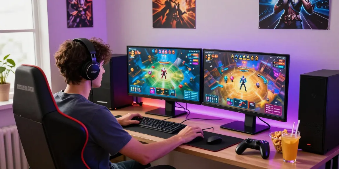 Excited player engaged in rikvip online card game with dual monitors and snacks.