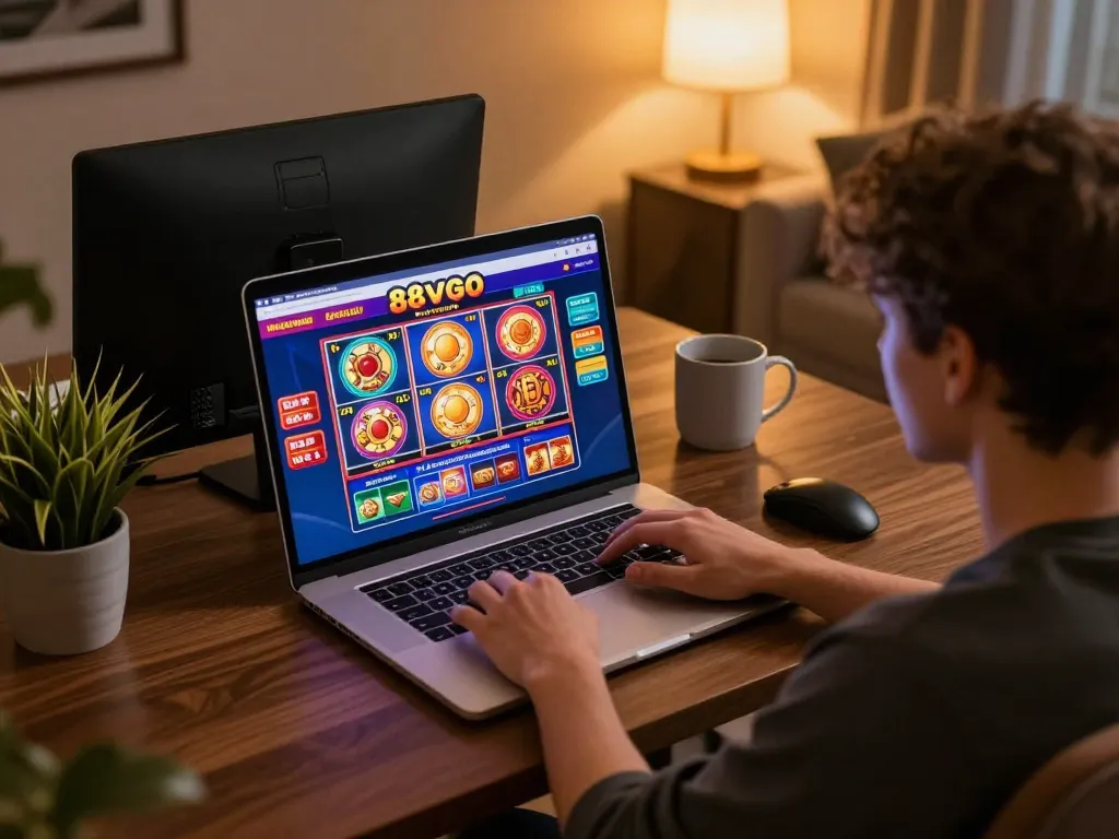 Engaging online gambling experience on 88vvgo with a player at home using a laptop.