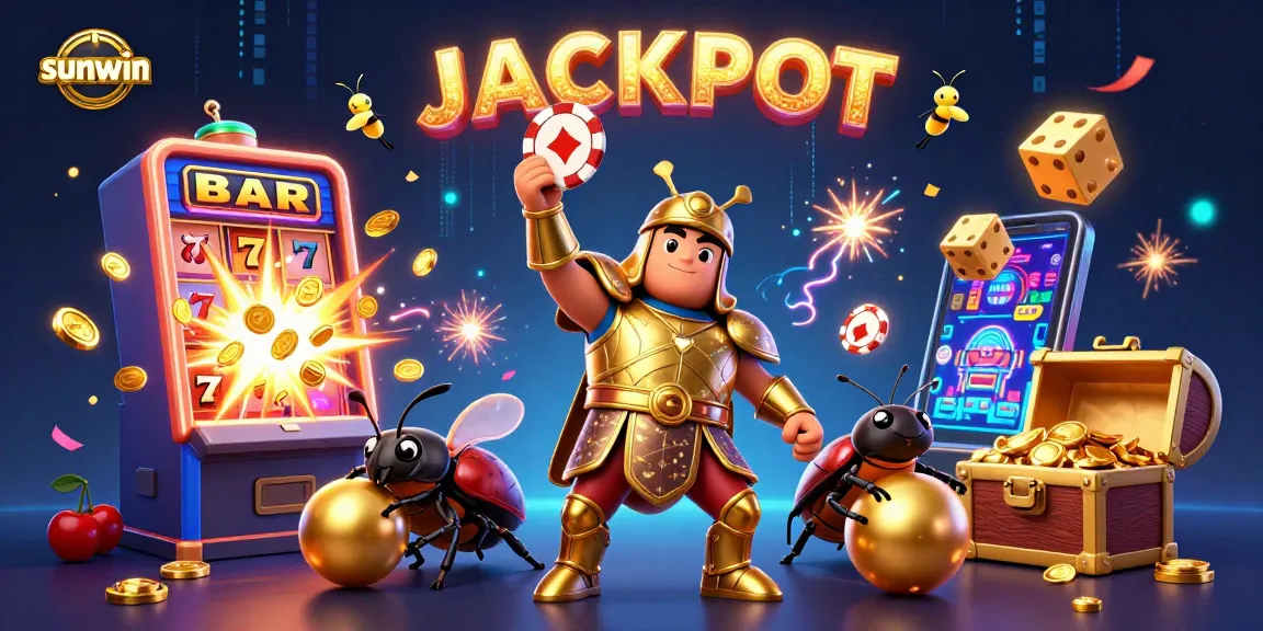 Engage with sunwin's dynamic jackpot excitement showcasing a victorious beetle character.