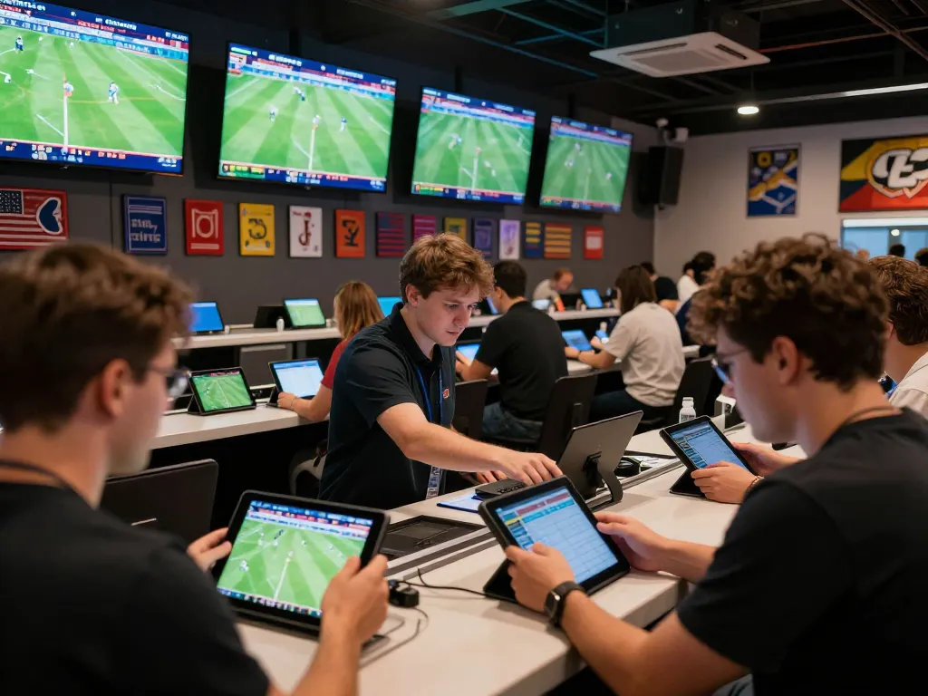Excited bettors analyzing odds and placing live bets on nowgoal in a lively sports bar setting.