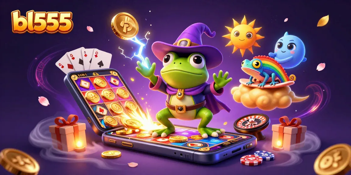 Experience thrilling wins at bl555 with a cartoon wizard frog and chameleon surfing golden clouds.