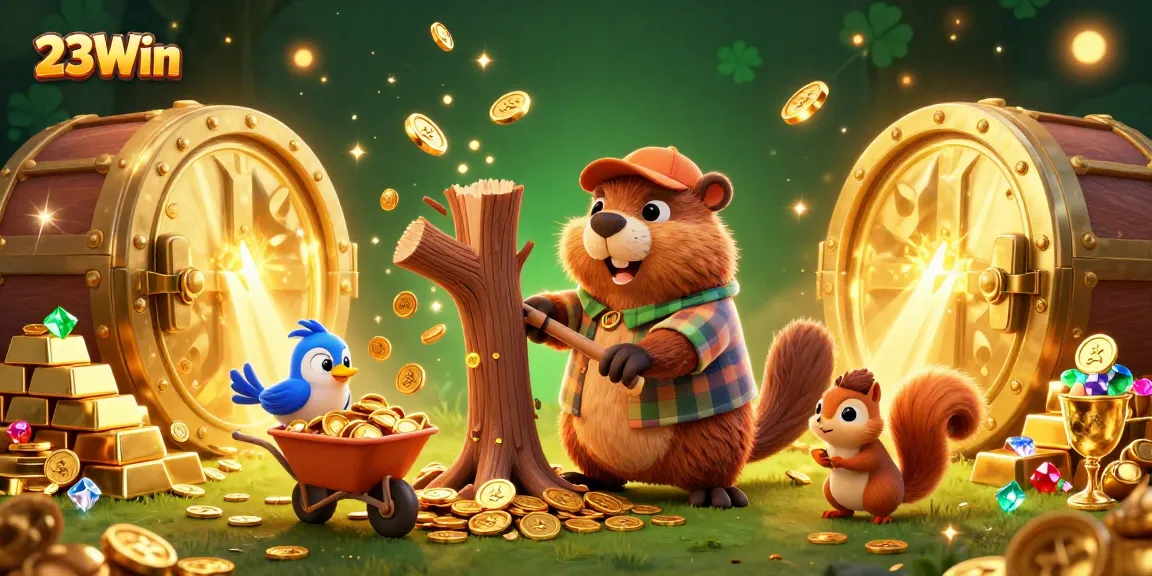 Experience exciting gaming adventure at 23Win with treasures and animated wins in a vibrant casino-themed illustration.