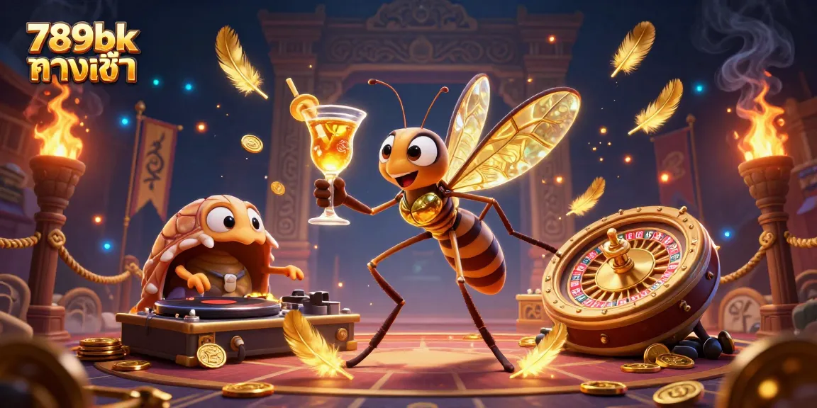 Engage with 789bk ทางเข้า as a lively casino scene presents a frozen mosquito mascot with a cocktail.