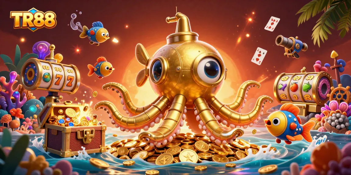 TR88's exciting slots scene with a golden kraken submarine and numerous gaming elements