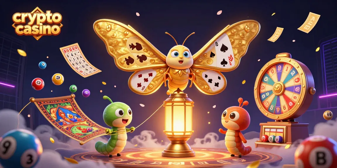 Le casino crypto offre une illustration vibrante avec un papillon en 3D et des éléments de jeu.