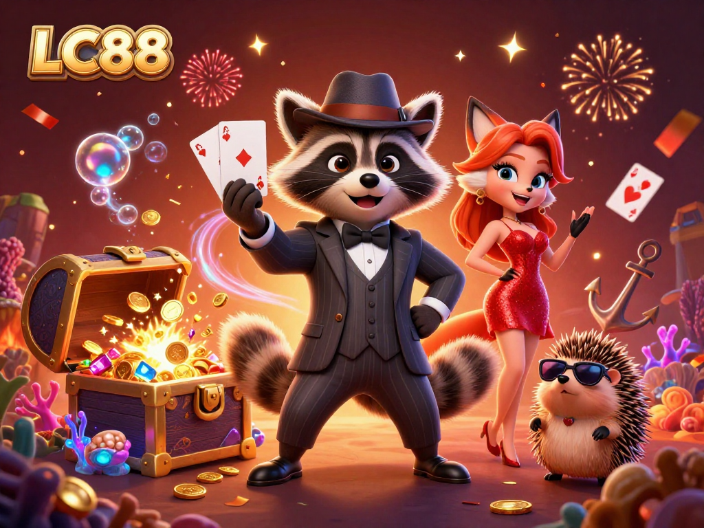 Experience the lively world of LC88 where a suave raccoon, glamorous fox, and a hedgehog bouncer encounter thrilling casino elements!