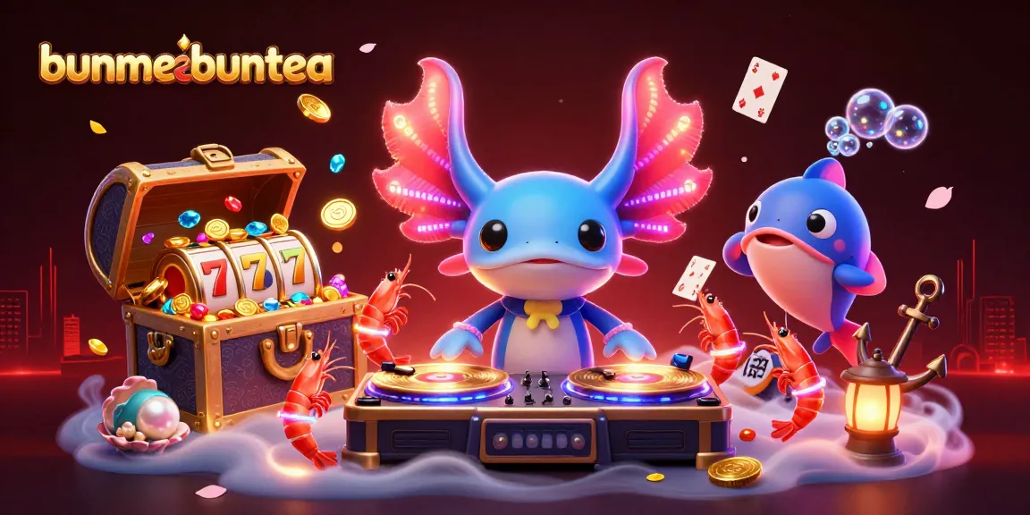 Bunmeebuntea menampilkan aksolotl DJ neon yang sedang memutar slot gacor dengan ledakan harta karun.