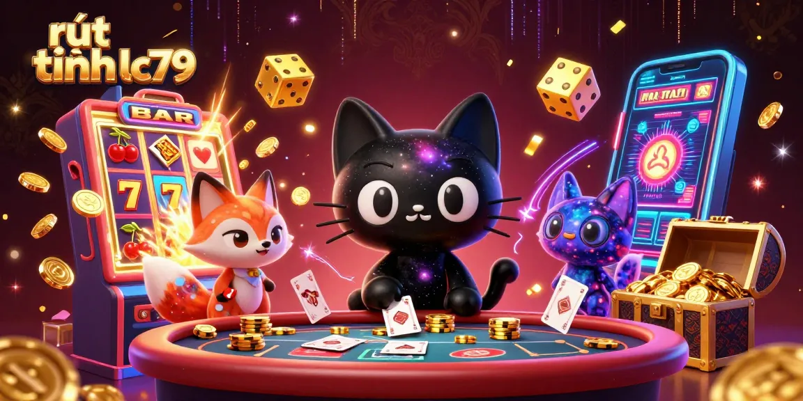 Rút tiền lc79 với các nhân vật hấp dẫn tại bàn casino, slot máy nổ hũ và ánh sáng lấp lánh.