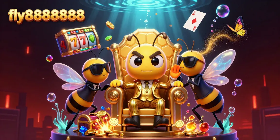 Fly88888888 showcases a thrilling cartoon casino scene with a bumblebee mob boss and lively gambling elements.
