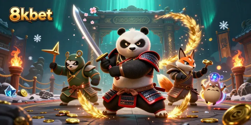 Engage in thrilling gameplay with 8xbet as a samurai panda and ninja fox share an epic scene.
