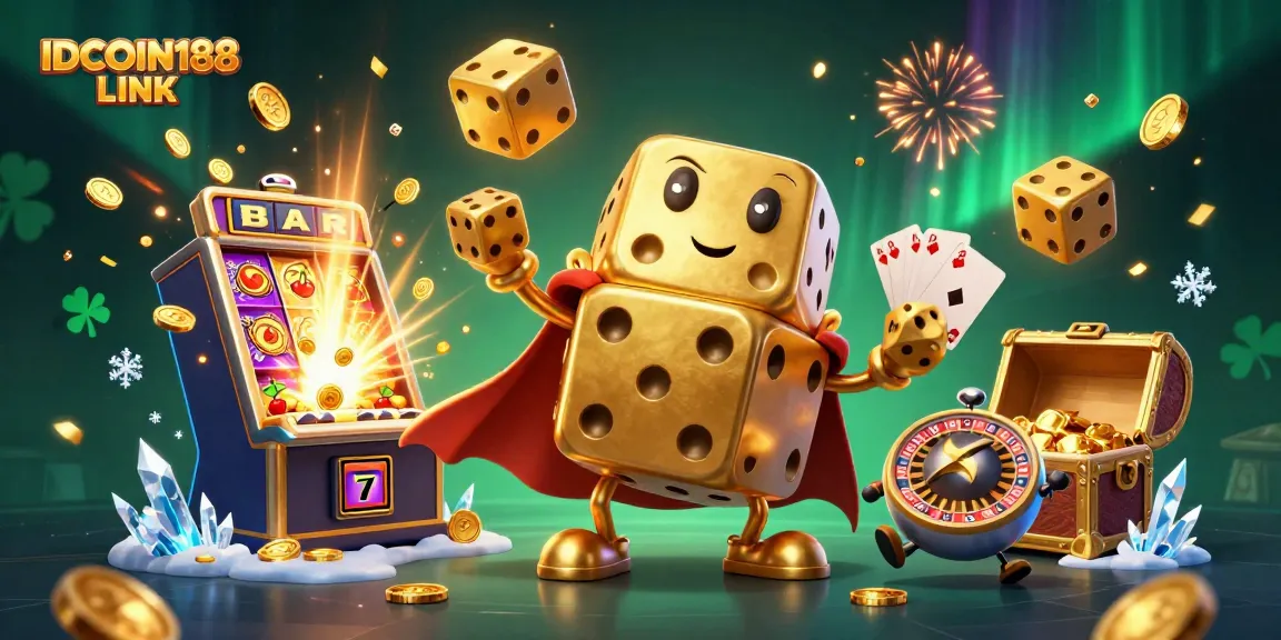 Experience the thrill of the IDCOIN188 LINK casino with vibrant 3D elements showcasing golden dice, jackpot machines, and more.