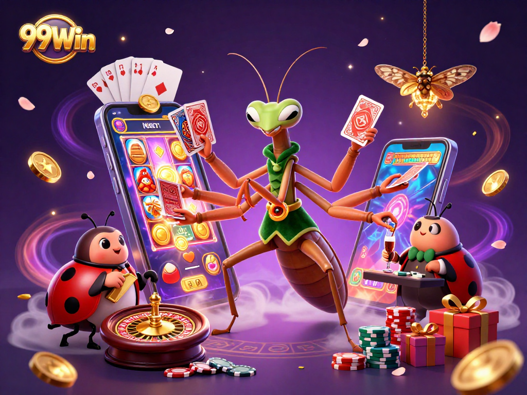 Experience thrilling 99Win casino action as the mantis sharp deals cards amidst a vibrant scene.