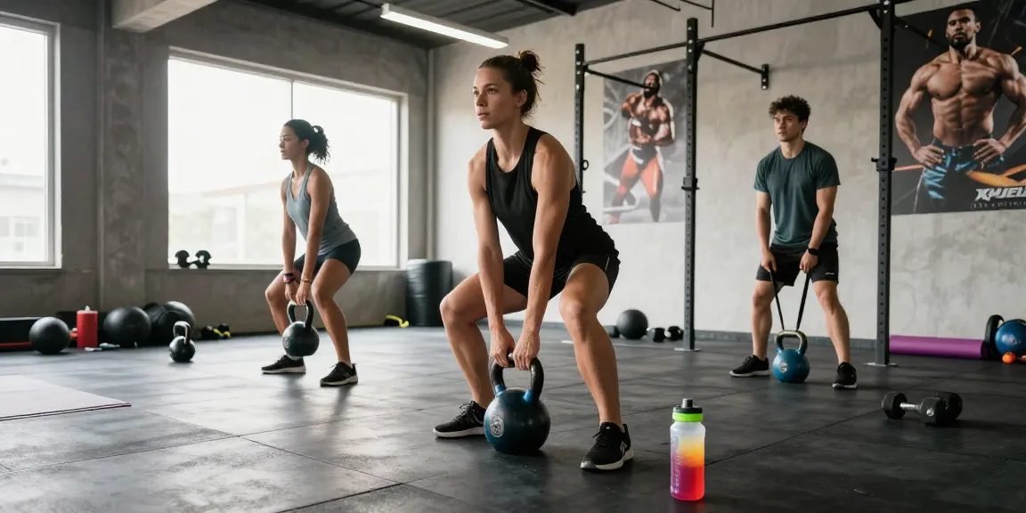 Entrenamiento intenso en el gimnasio por Esteroidesshop, mostrando ejercicio con kettlebells y ambiente energético.