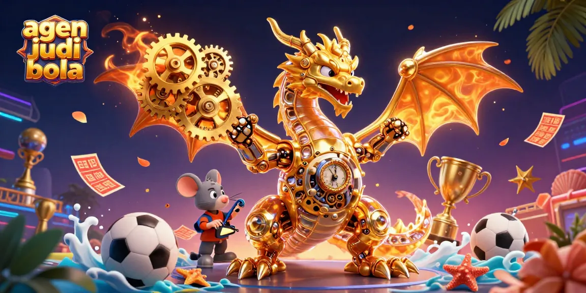 Experience the thrill of agen judi bola with vibrant sports betting elements and a captivating dragon.