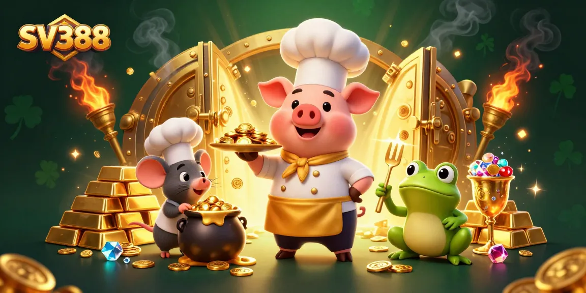 SV388 brings excitement with a lively scene featuring a chef pig serving gold coins amidst dazzling treasures.