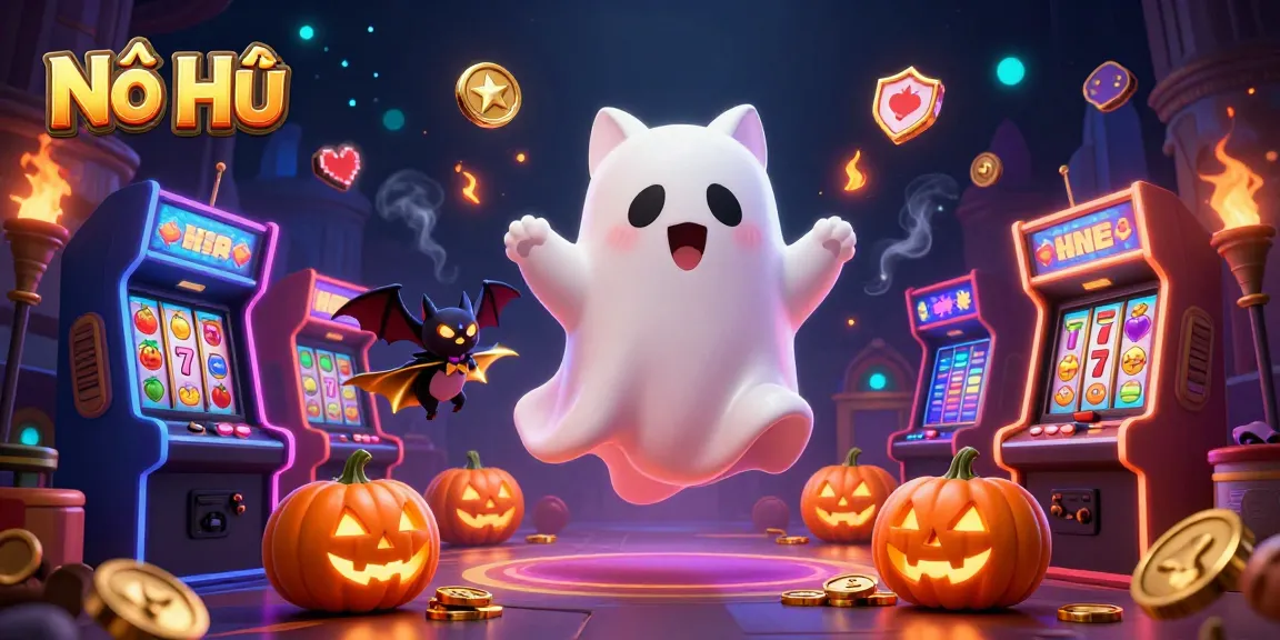 Nổ Hũ ghost cat and bat winning in a casino, surrounded by colorful game machines and shimmering jackpots.