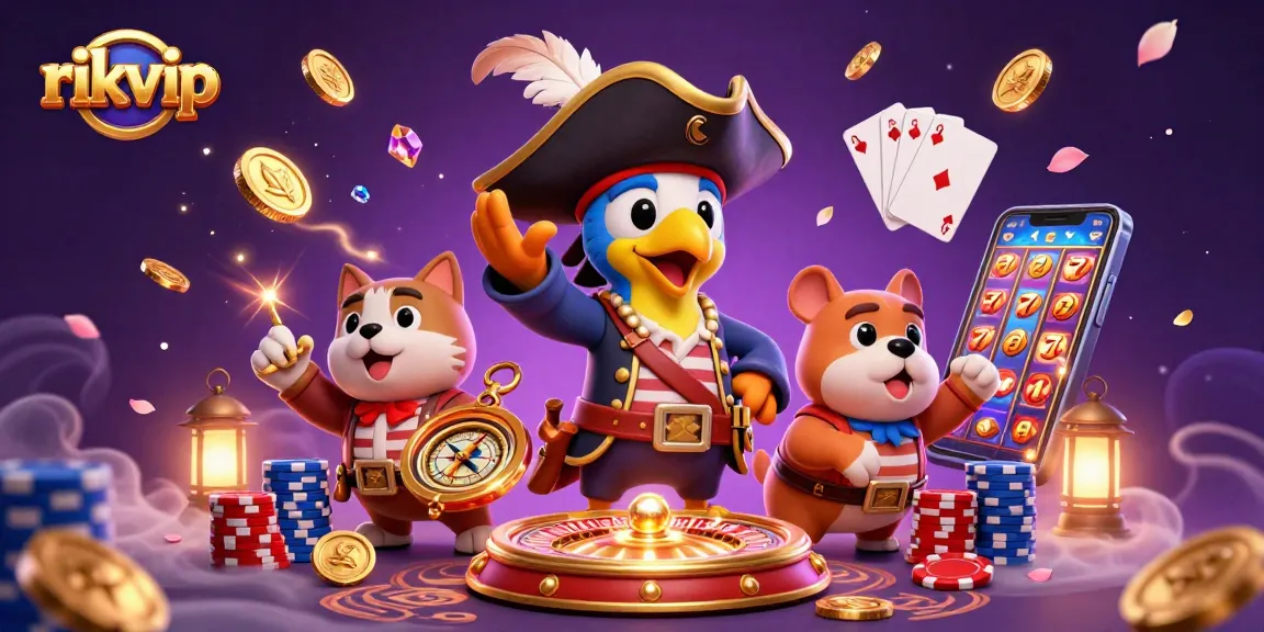 Spin and win with rikvip, featuring a dynamic casino scene with a pirate captain and colorful game elements.