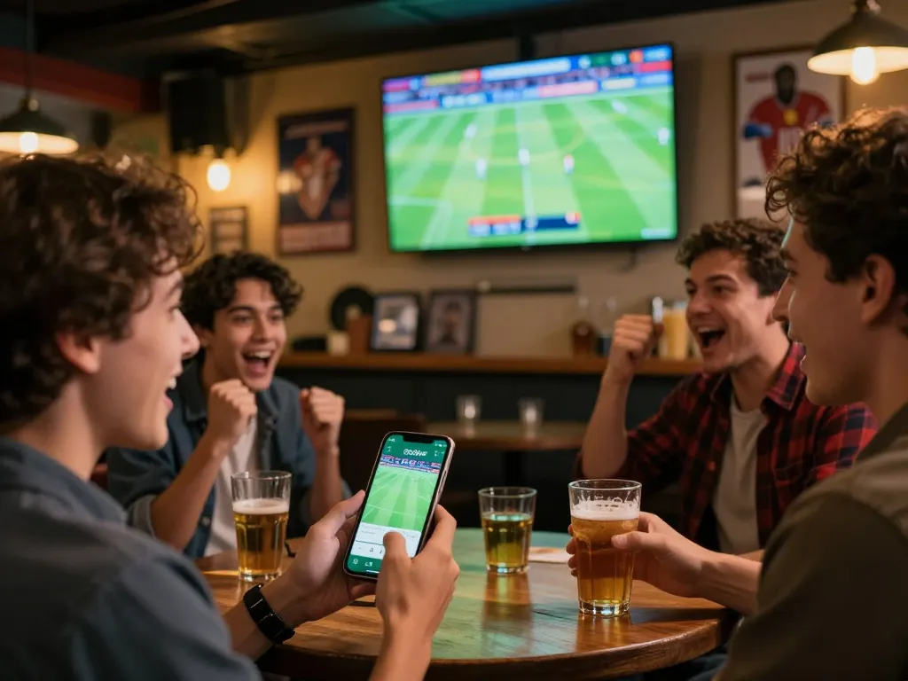 Socolive app displayed on smartphone as a sports bettor engages with live football betting in a buzzing sports bar atmosphere.