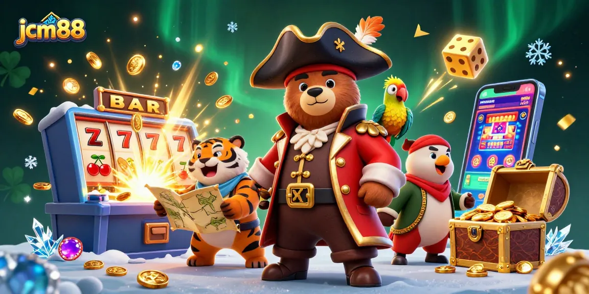 Experience the excitement of jcm88 with a vibrant scene featuring pirates, slot machines, coins, and treasure.