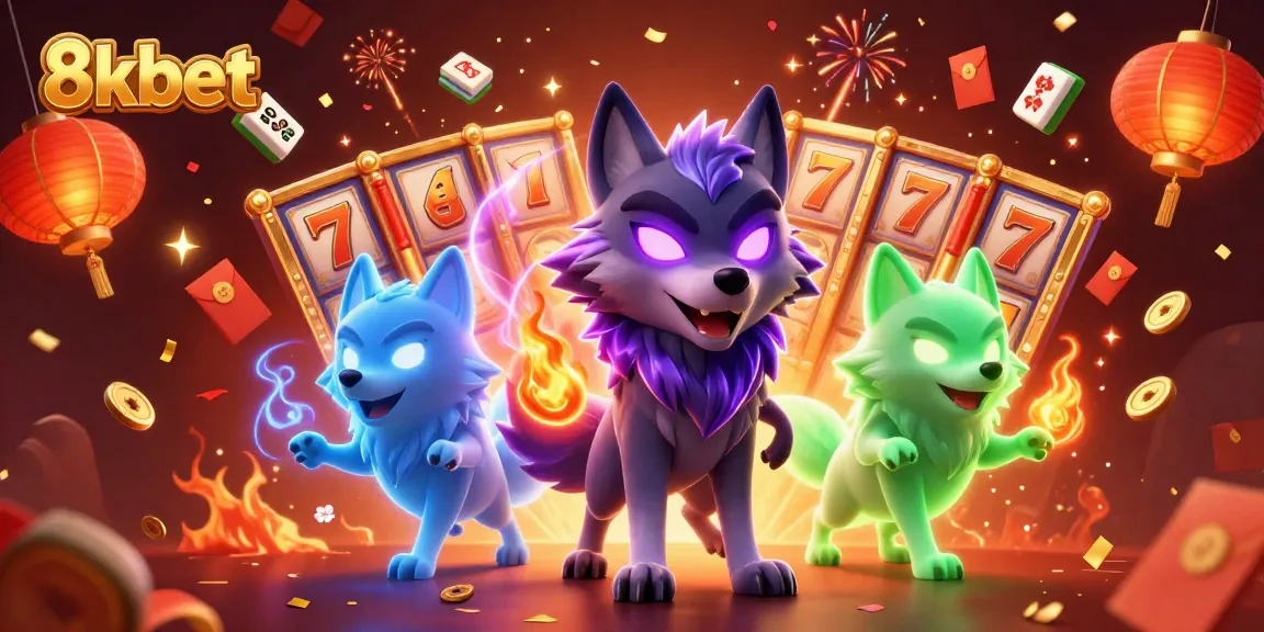 Engage with 8kbet's thrilling casino experience featuring ghostly wolf mascots and colorful slot elements.