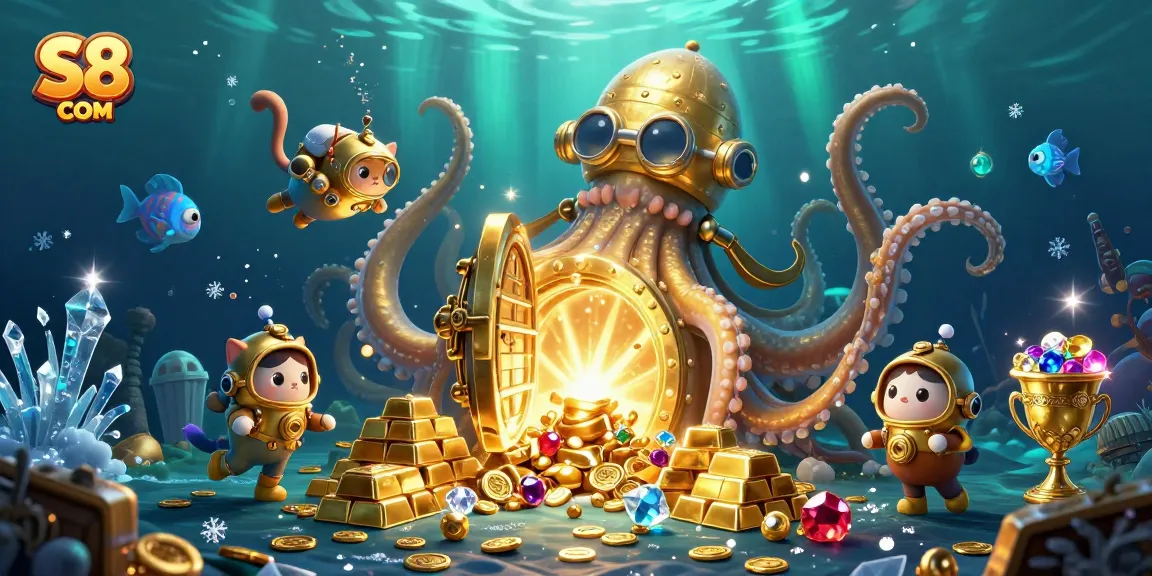 Engage with the excitement at S8 COM, showcasing a kraken and diving cat amidst treasure.