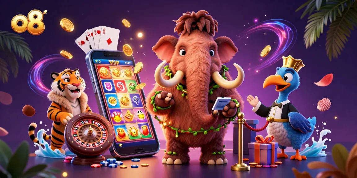 Capture exciting wins at o8 with a whimsical scene featuring a woolly mammoth bouncer and a saber-tooth VIP.